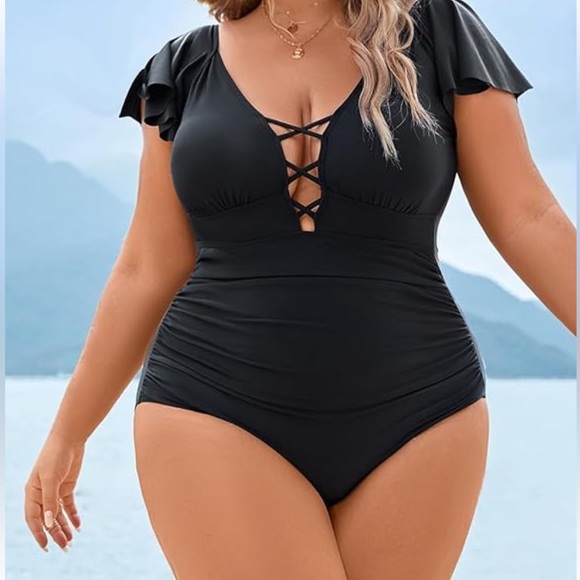Blooming Jelly One Piece Black Swim Suit with Flutter Sleeves, deep V-neck, XXL - Picture 2 of 11